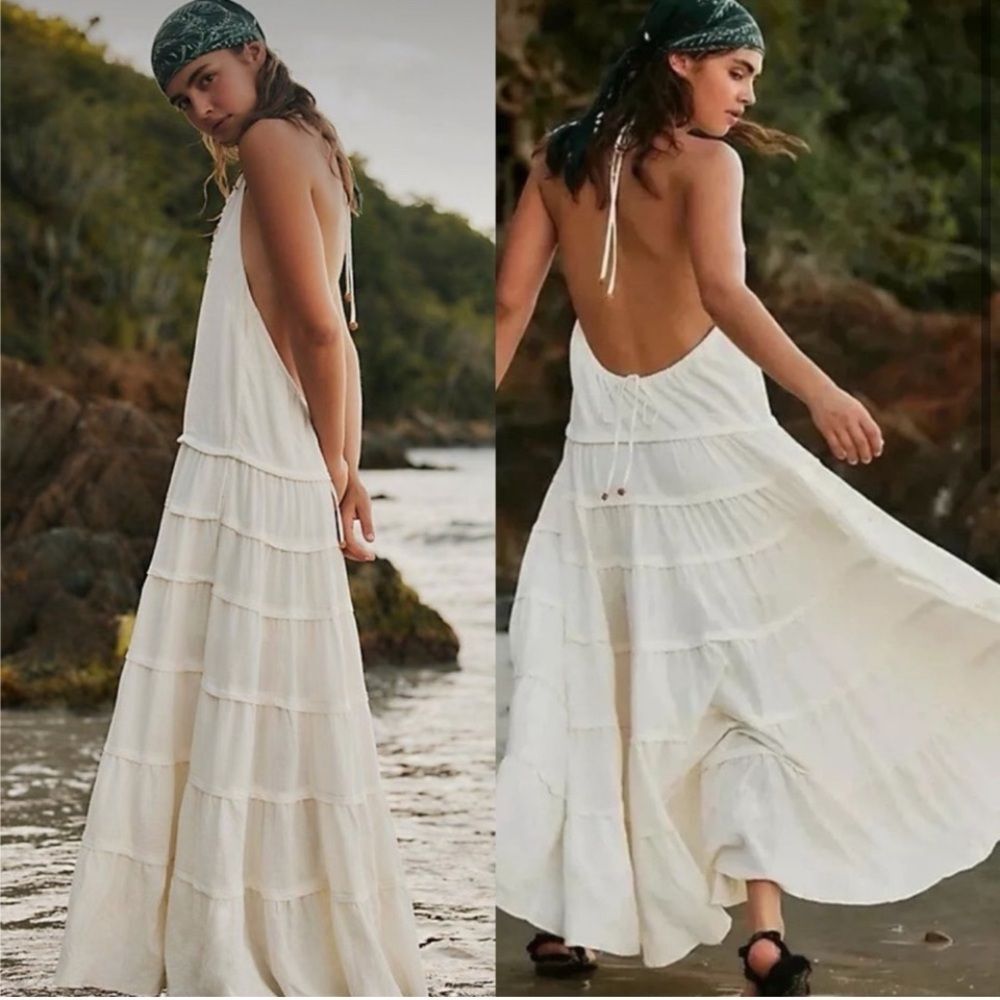 Free People Cream Tiered Backless Maxi Dress